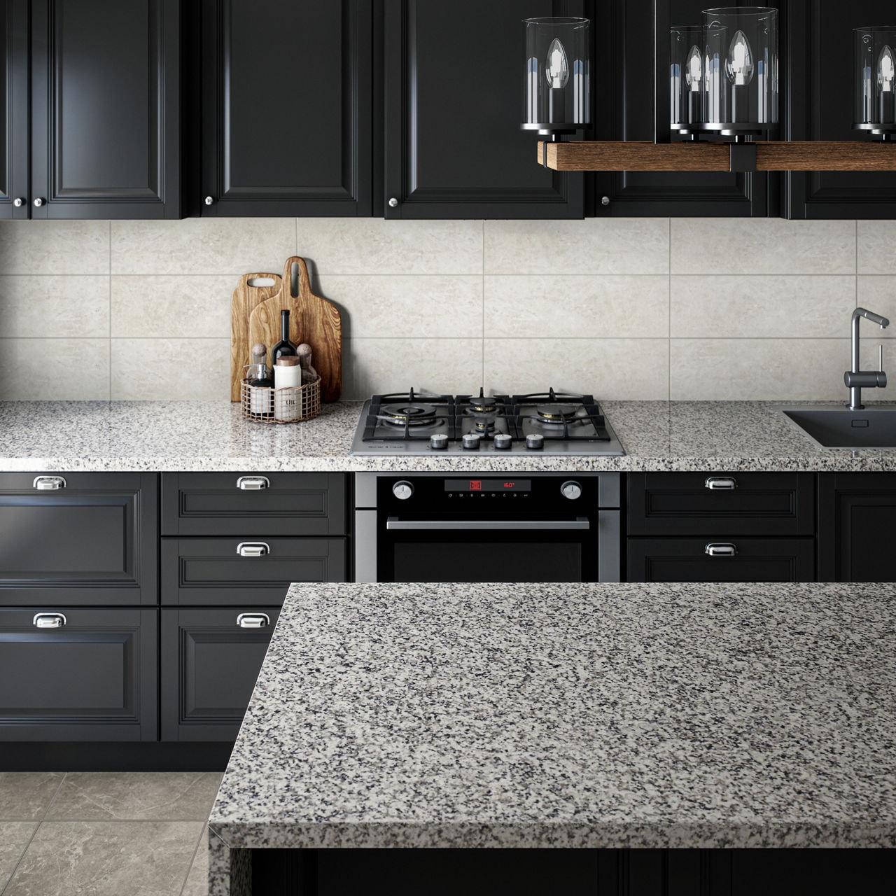 Bengal White granite countertop in a dark kitchen